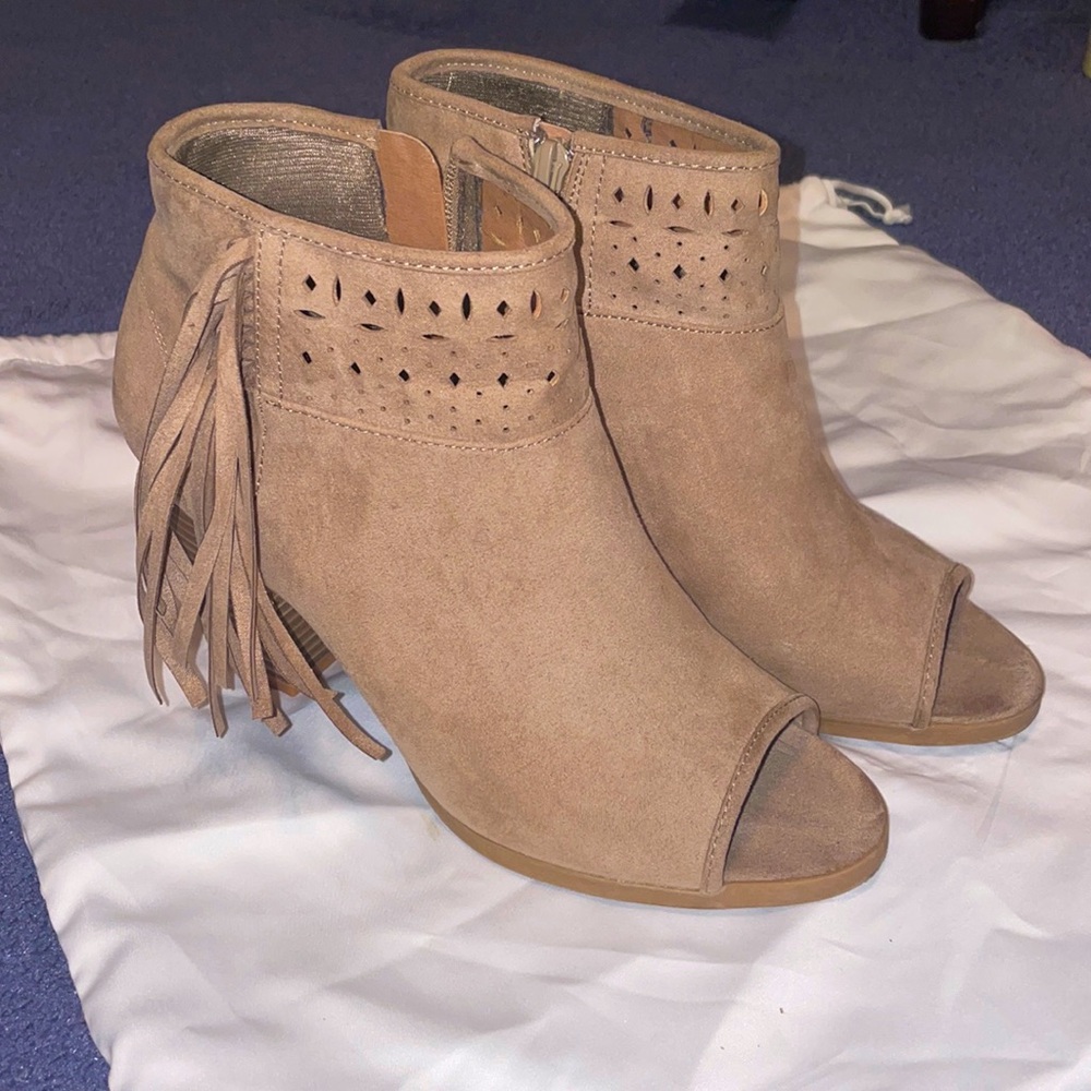 SO Suede Fringe Peep Toe Booties